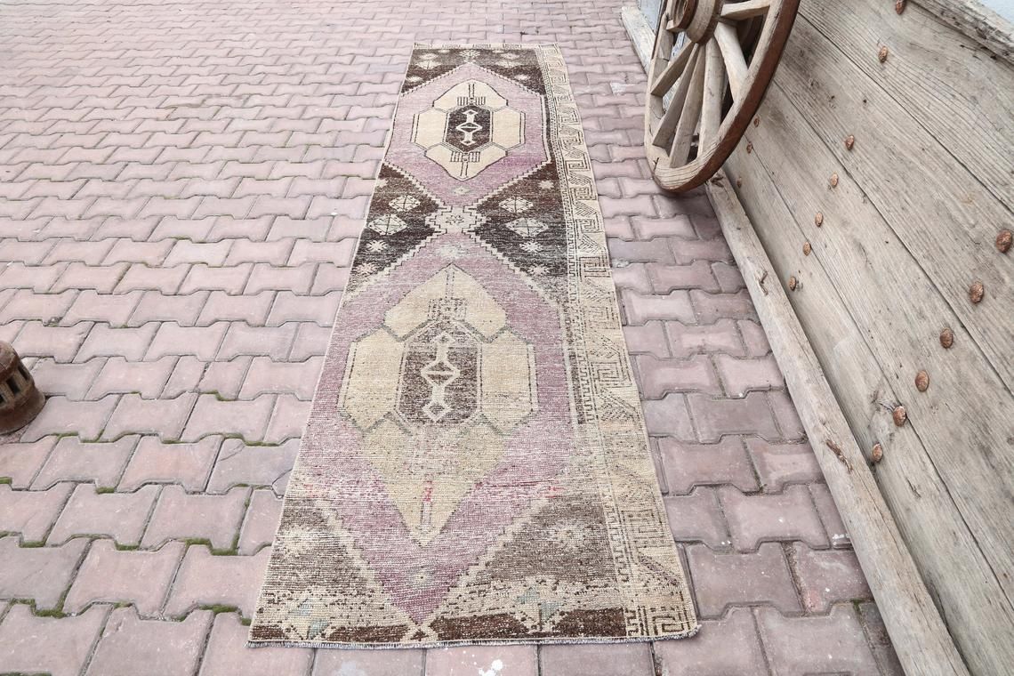 Vintage Runner, Gypsy, Turkish Hallway Oushak Runner, Handmade, Wool, Home Decor, Faded Purple, Pink, Beige, Distressed Brown photo furniture