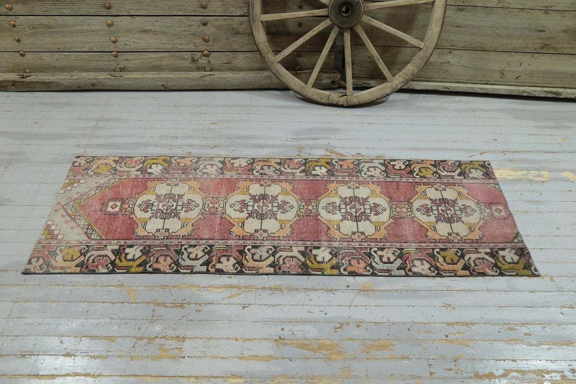 Turkish Vintage Wool Runner, Handmade, Runner Rug, Pink Faded Red Neutral Beige, Natural Ivory, Kitchen Throw Runner Farmhouse Decor photo for sale