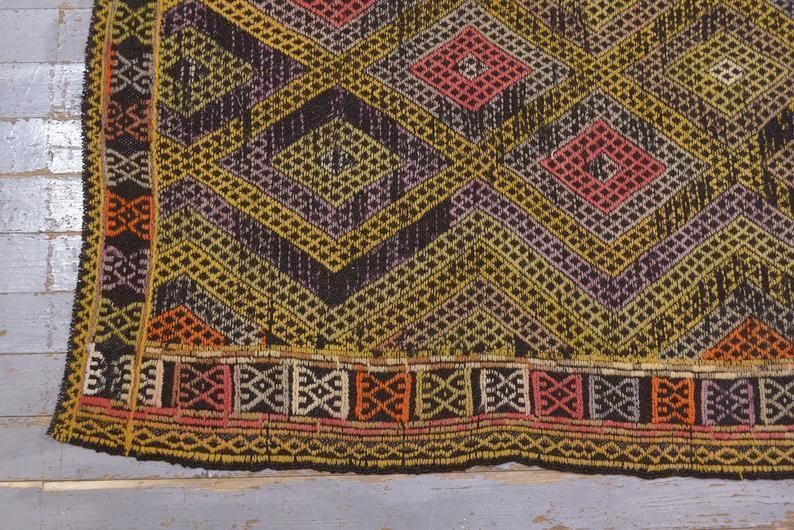 5.3 X7.7, Turkish Kilim Flatweave Area Rug, Vintage Kilim, Oushak Diamond Handmade, Boho Chic, Yellow Farmhouse Decor, Turkish Rug, Kelim photo vinterior