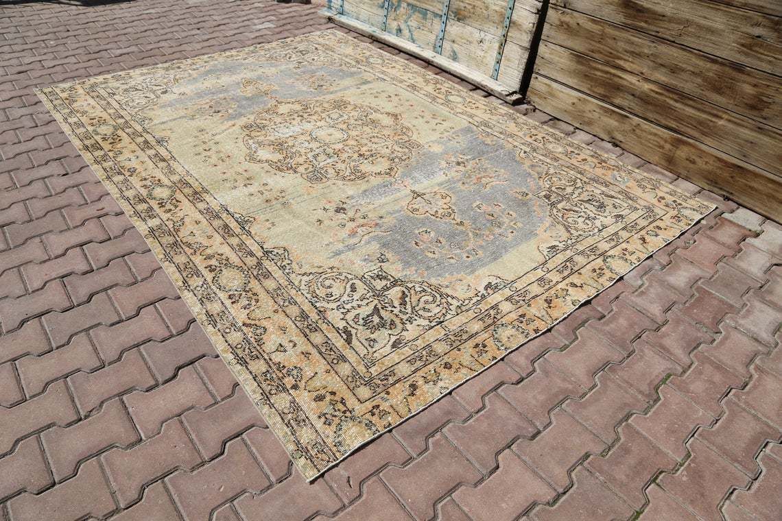 Turkish Vintage Rug, Area Oushak Rug, Beige Gray, Oriental Traditional Rug, Yellow Beige Wool Rug, Rugs Turkish, Turkey photo furniture