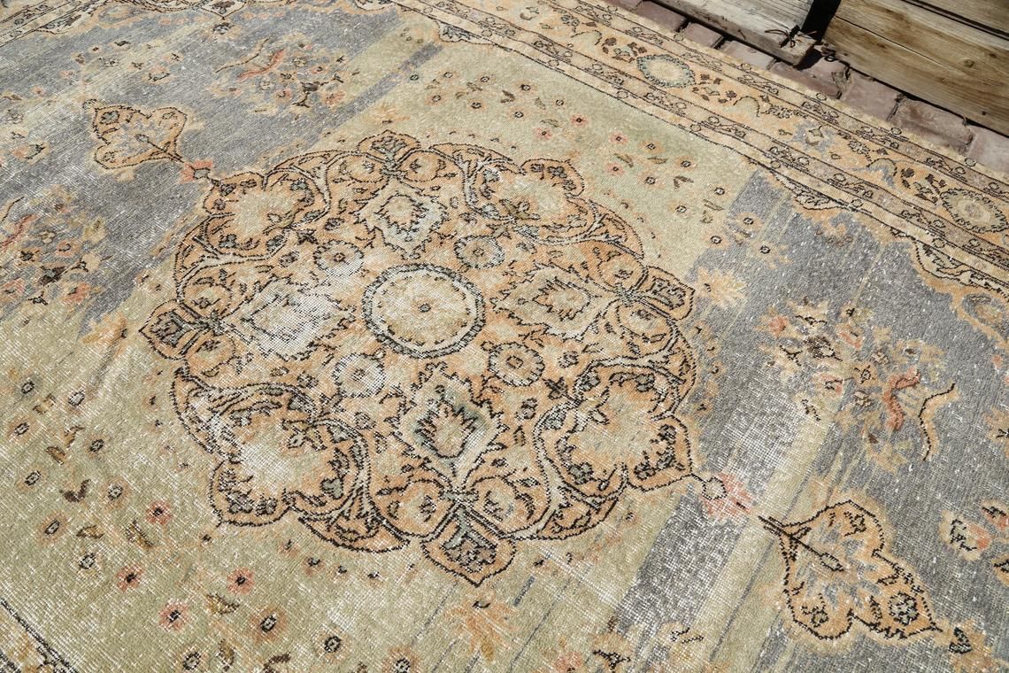 Turkish Vintage Rug, Area Oushak Rug, Beige Gray, Oriental Traditional Rug, Yellow Beige Wool Rug, Rugs Turkish, Turkey photo 547.0