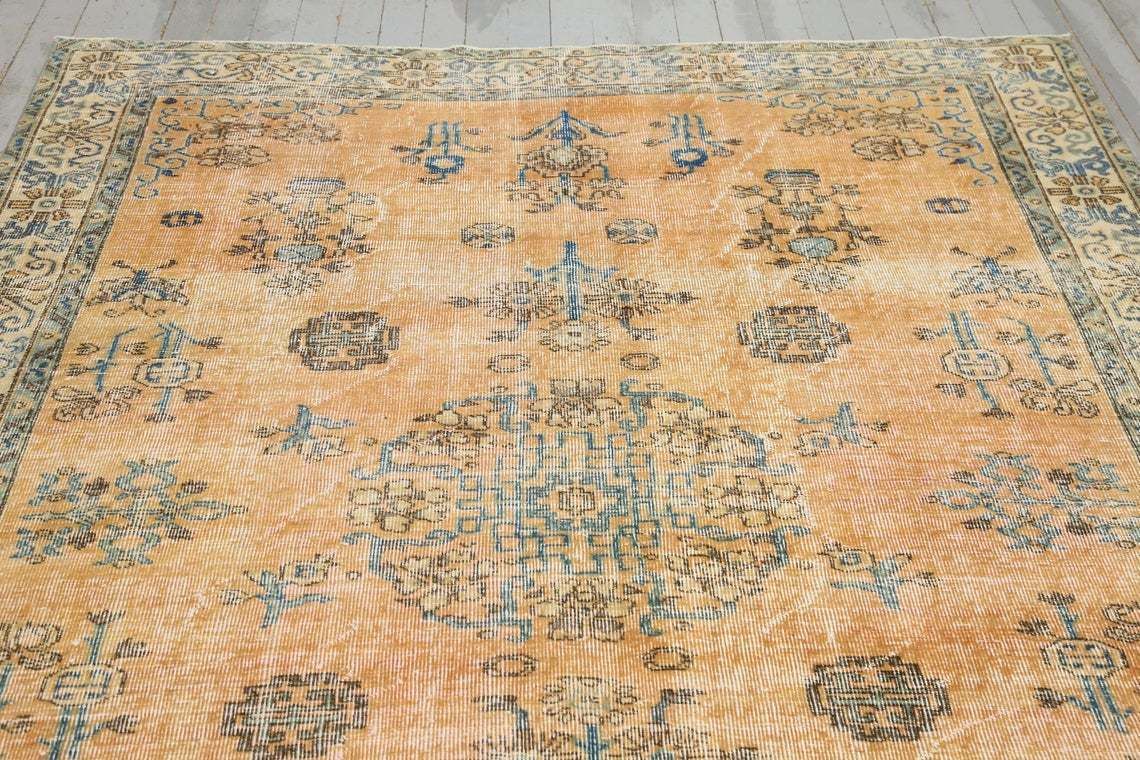 Turkish Rug, Bohemian Rug, Oushak Antique Orange Faded Teal Motif Rug, Area Rug, Oriental, Carpet, Rare, Rugs, Antique, Unique 6.3x9.3 photo vinterior