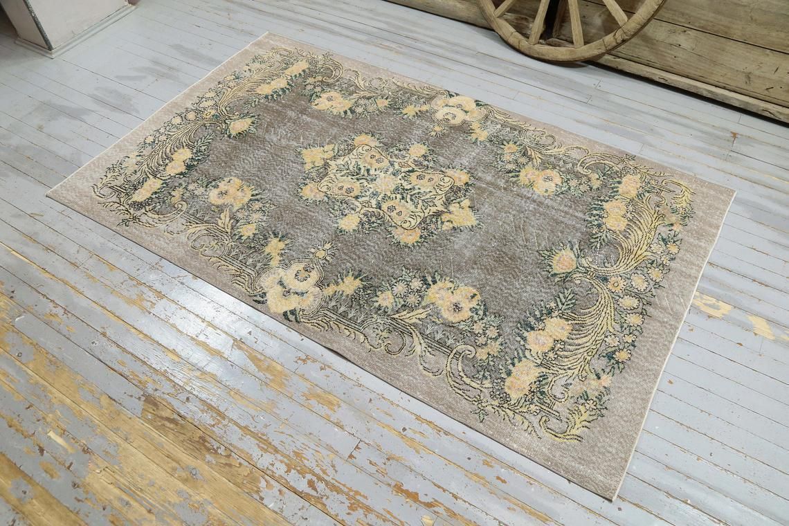Turkish Vintage Rug, Oushak Bohemian Rug, Wool Rug, Oriental Rug, Home Decor, Carpet, Faded Brown Beige Rug, Rugs, Distressed 5.2x8.8 photo for sale