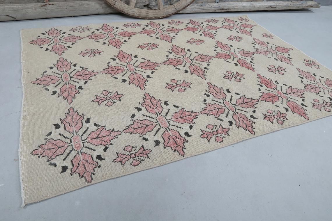 Distressed Turkish Rug, Beige Area Rug, Vintage Handmade Rug, Turkish Oushak Rug, Faded Red   Pink Floral Motifs, Boho Carpet 4.8x6.8 photo for sale