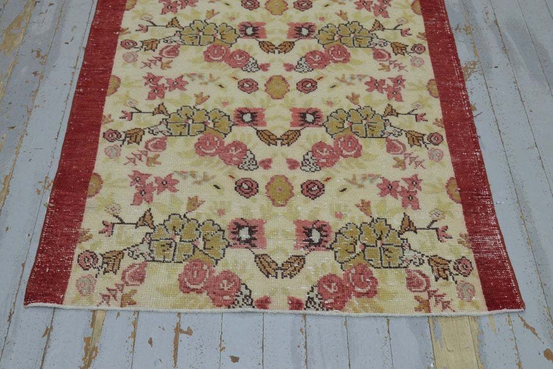 3.4x5.9, Turkish Rug, Throw Rug, Vintage Rug, Turkish Rug, Oushak Bohemian Rug, Home Decor, Boho Rug, Area Rug, Kitchen Beige Red Bordered photo vinterior