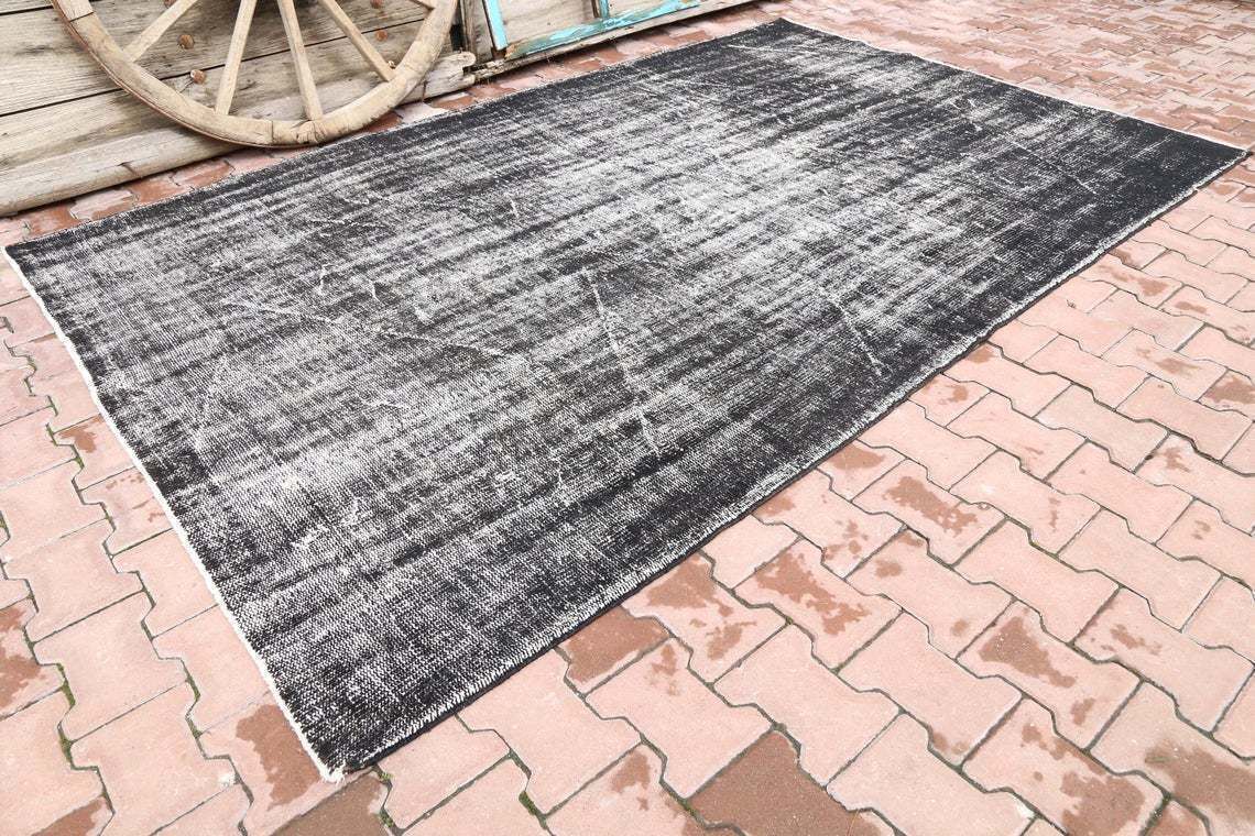 Turkish Rug, Interior Design, Vintage Rug, Handmade, Black, Wool Rug, Oushak Rug, Area Rug, Oriental, Black Distressed Rug 6.2x9.8