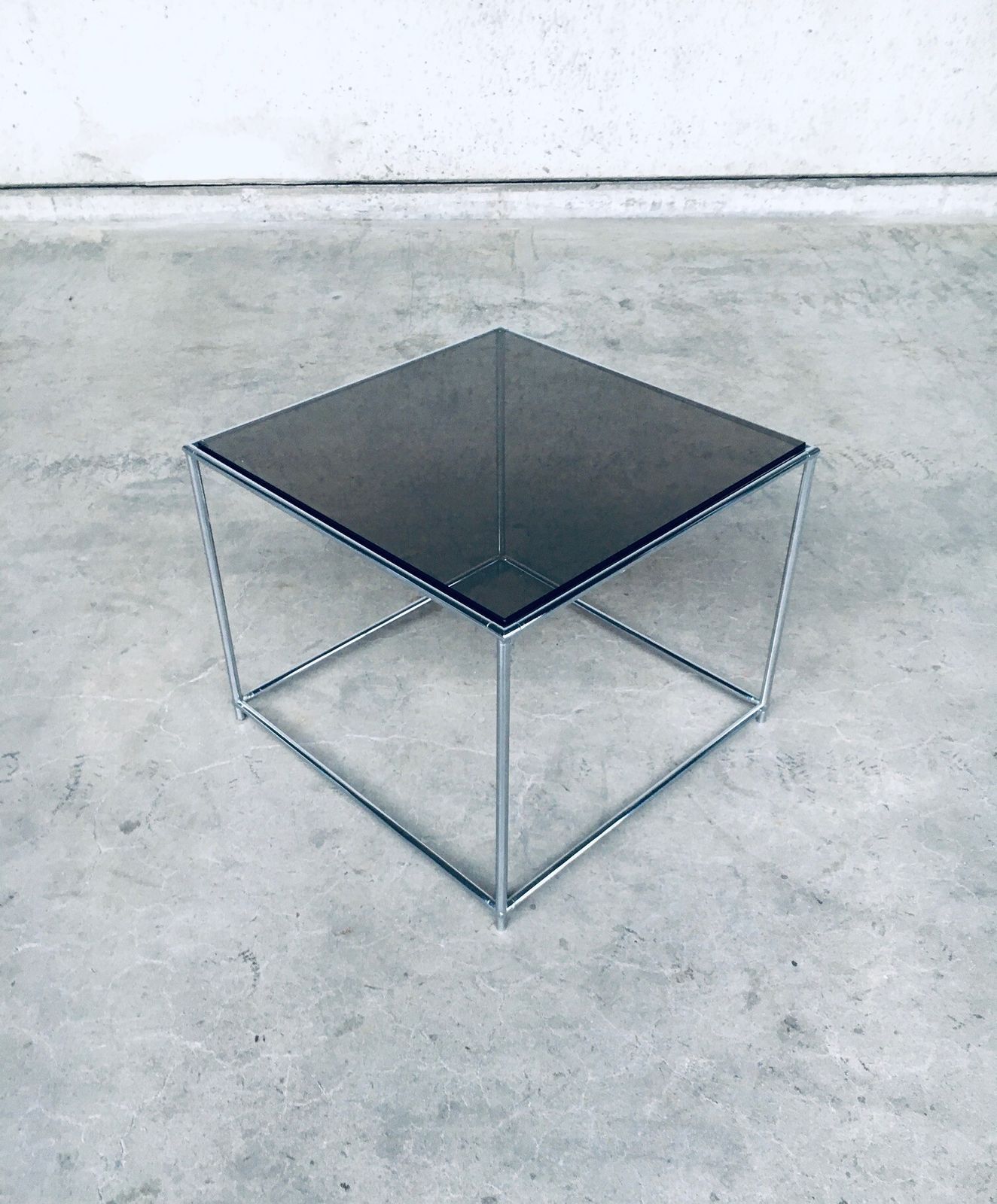 1970s Sleek Design Metal & Fumé Glass Square Side Table