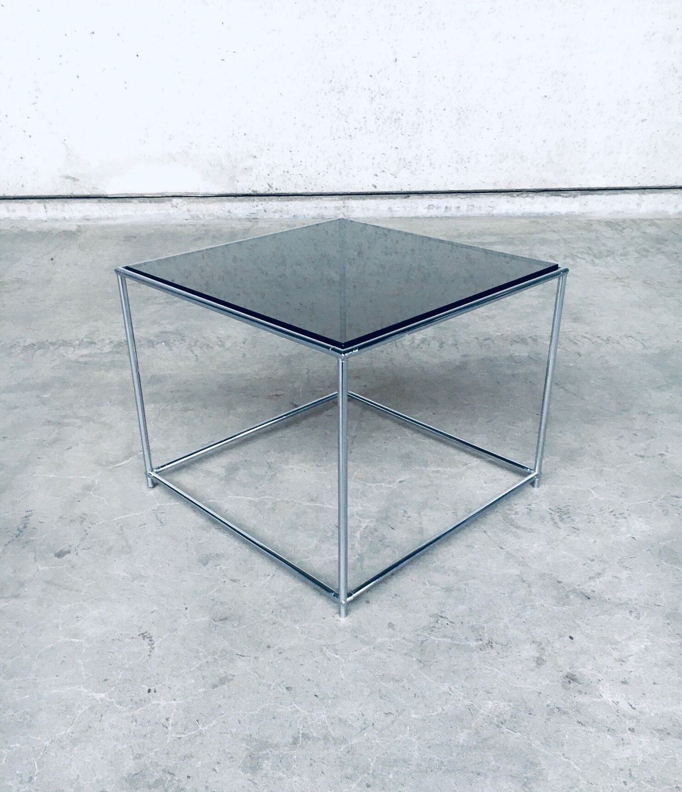 1970s Sleek Design Metal & Fumé Glass Square Side Table photo furniture