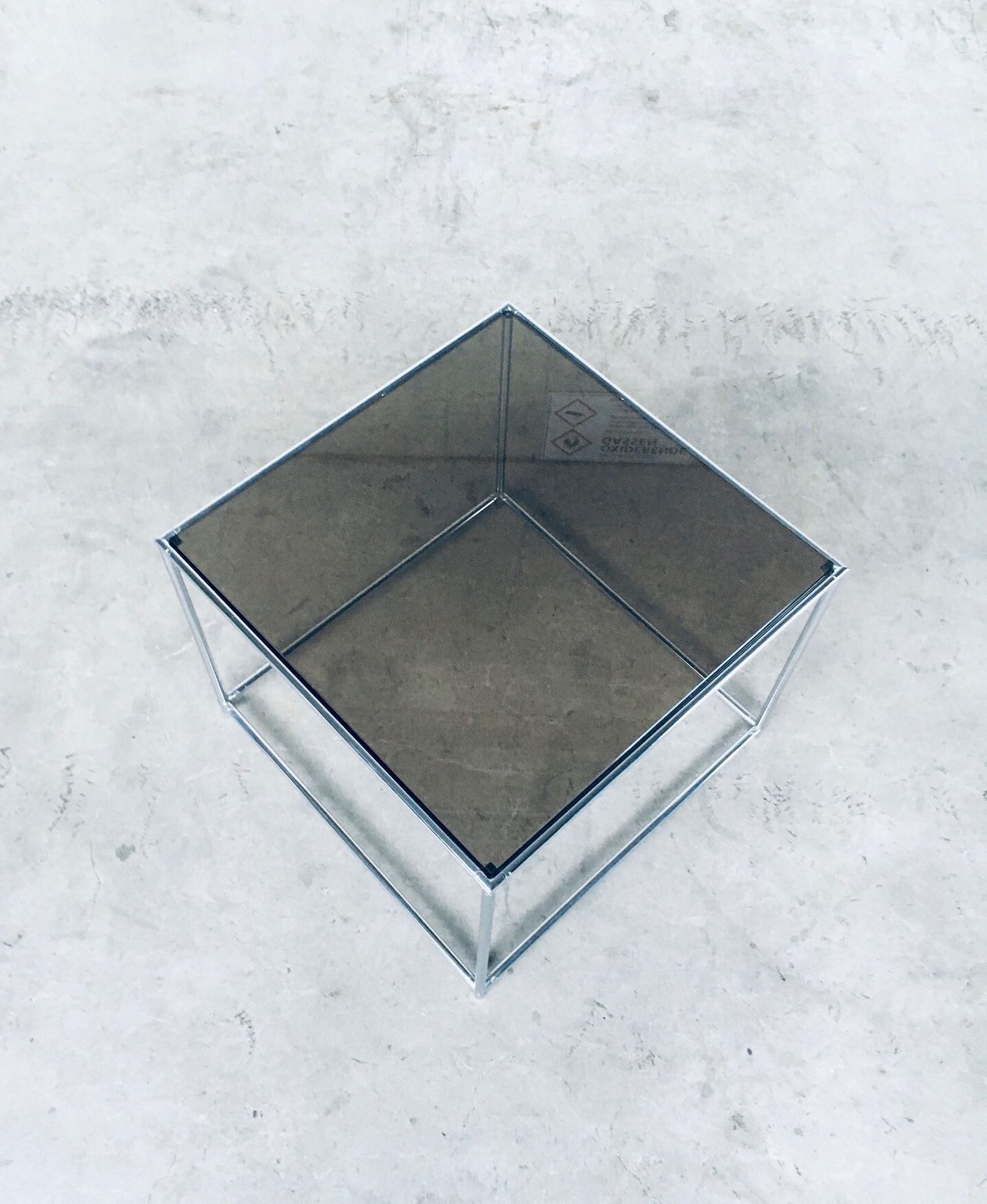 1970s Sleek Design Metal & Fumé Glass Square Side Table photo Furniture
