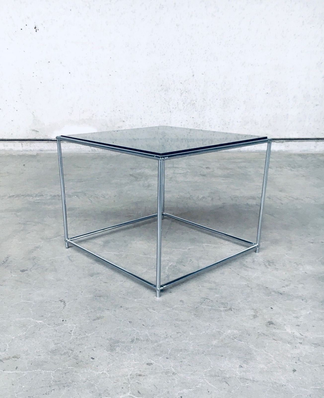 1970s Sleek Design Metal & Fumé Glass Square Side Table photo vinterior