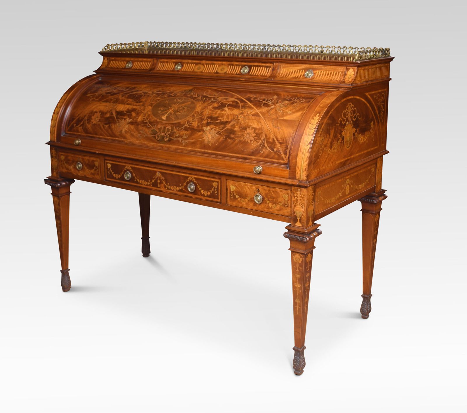 Substantial Sheraton Revival Marquetry Inlaid Cylinder Bureau photo for sale