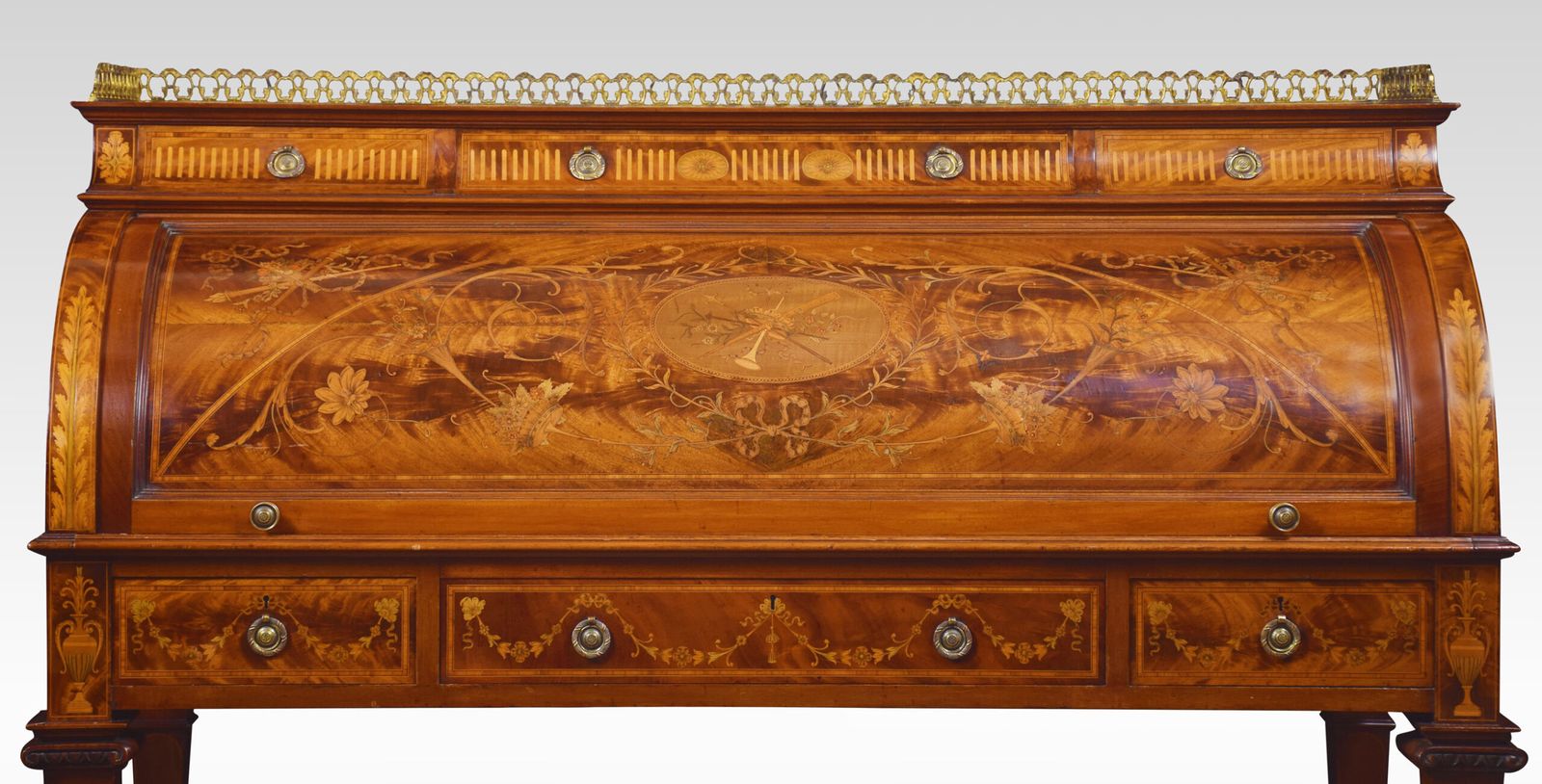 Substantial Sheraton Revival Marquetry Inlaid Cylinder Bureau photo Furniture