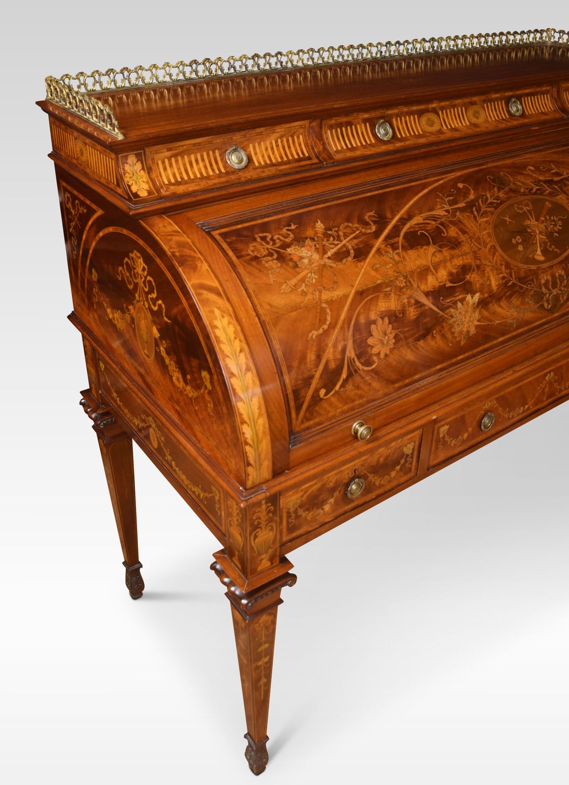 photo vintage Substantial Sheraton Revival Marquetry Inlaid Cylinder Bureau