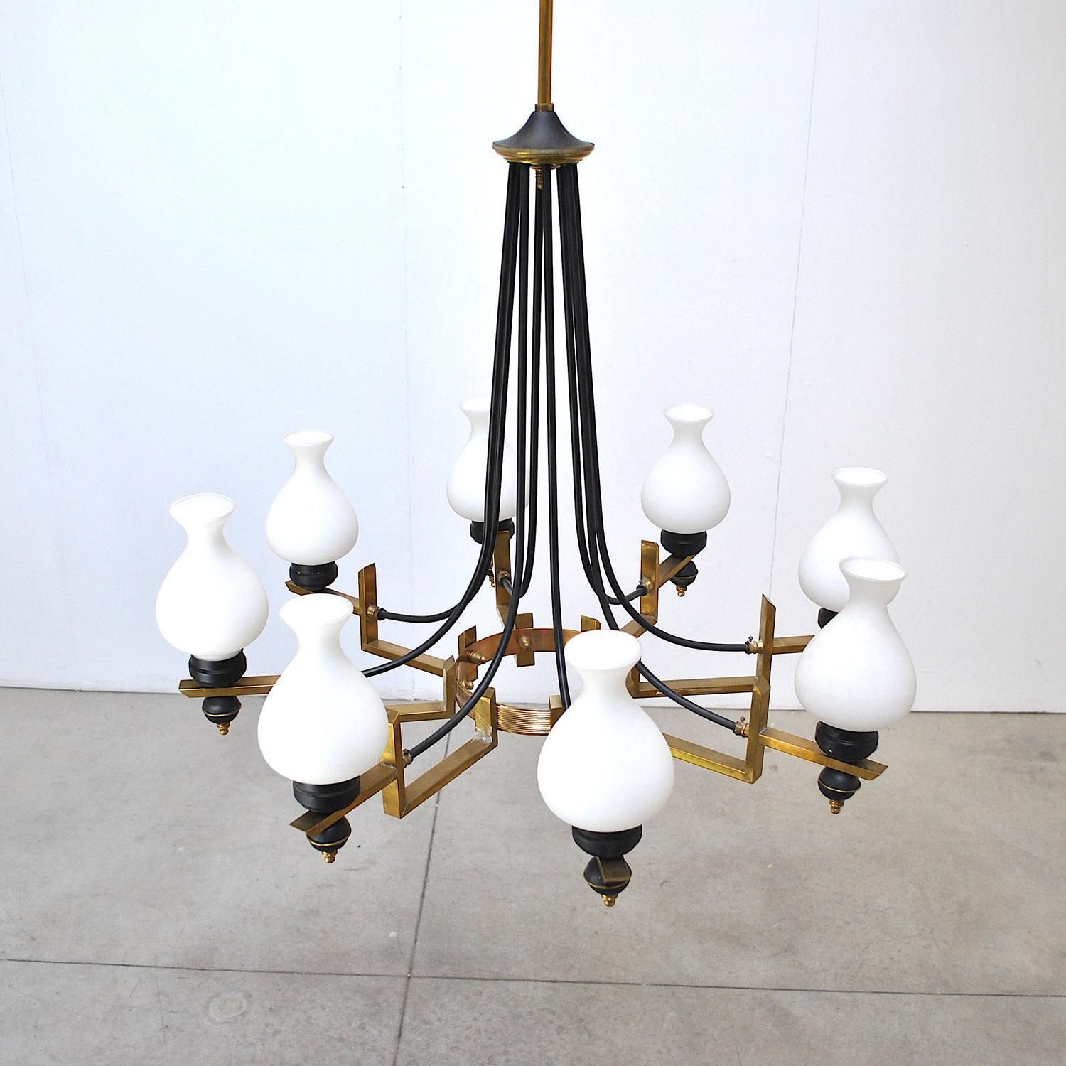 Stilnovo Italian Century Chandelier In Brass And Opaline photo 1860.0