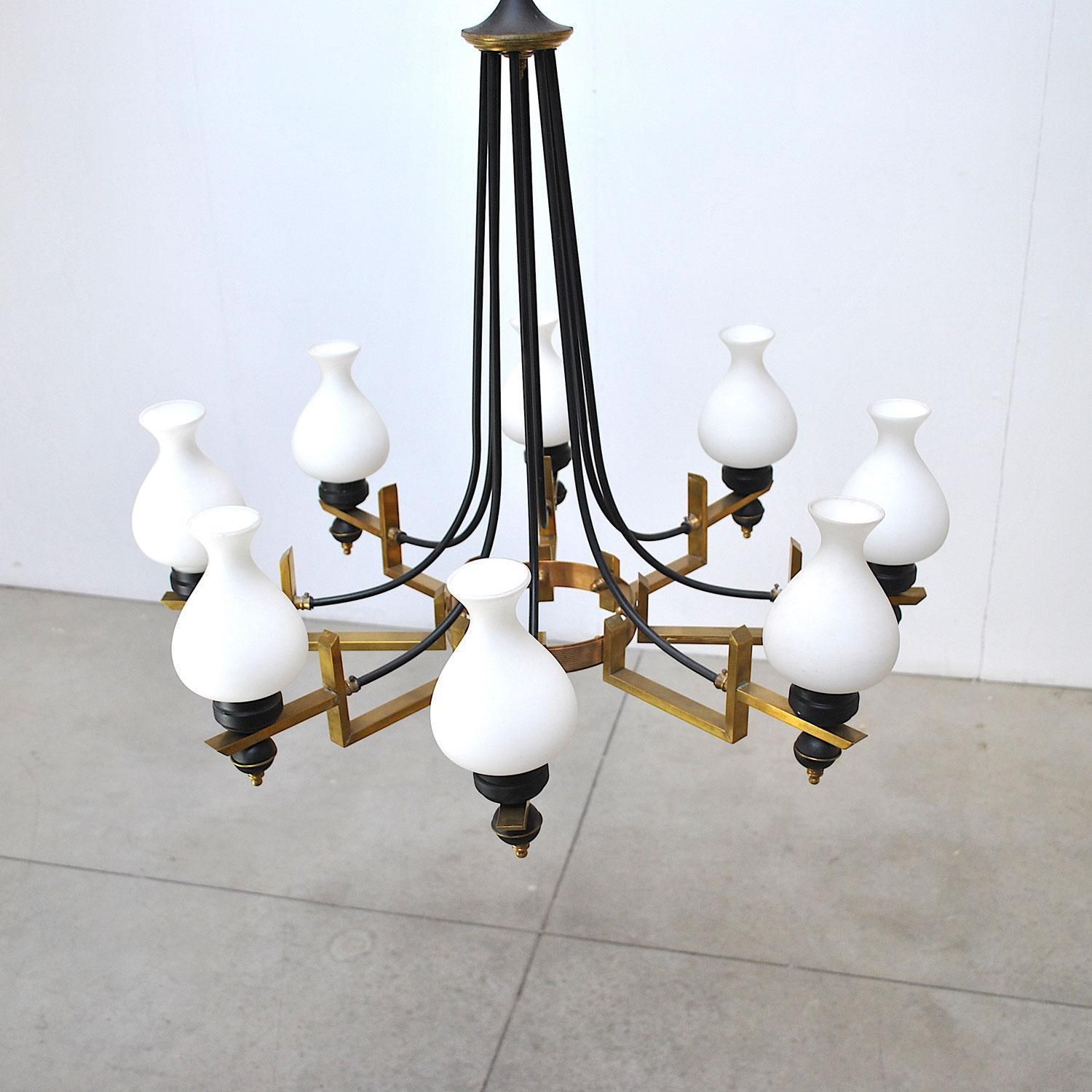 Stilnovo Italian Century Chandelier In Brass And Opaline photo vinterior