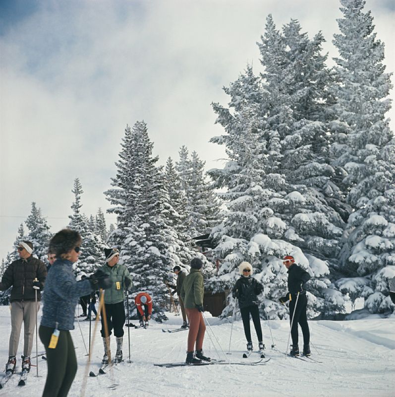 Slim Aarons 'Skiing In Vail' 1964 C Type Print Framed In White photo furniture