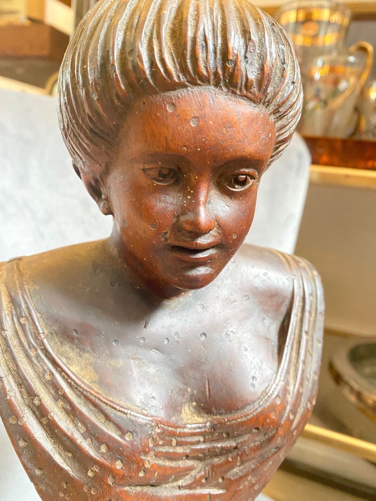 Italian Wooden Sculpture Of A Mid 19th Century Woman's Bust With Purfled Base. photo for sale