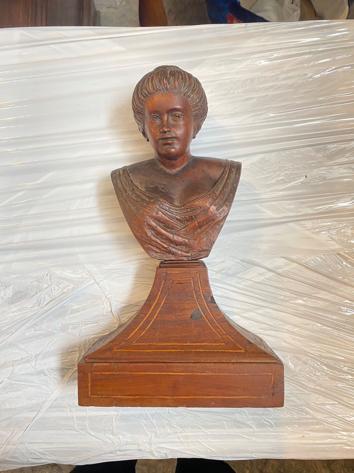 photo furniture Italian Wooden Sculpture Of A Mid 19th Century Woman's Bust With Purfled Base.