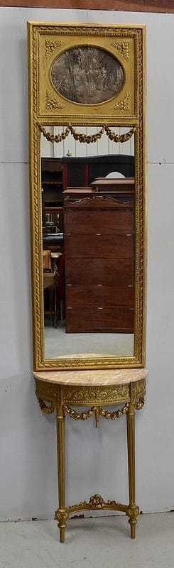 Set Of Trumeau Mirror And Half Moon Console, In Golden Wood   Late 19th Century