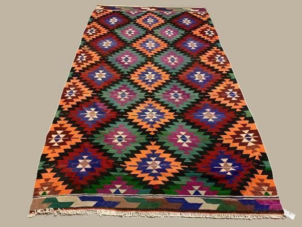 Vintage Turkish Kilim Rug 340x188 Cm Wool Large Red Orange Black Green