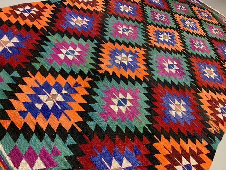 photo furniture Vintage Turkish Kilim Rug 340x188 Cm Wool Large Red Orange Black Green
