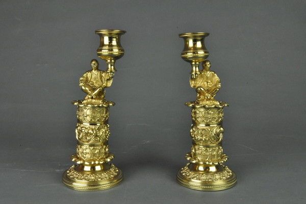 Pair Of Gilt Brass Candlesticks Of Seated Chinamen