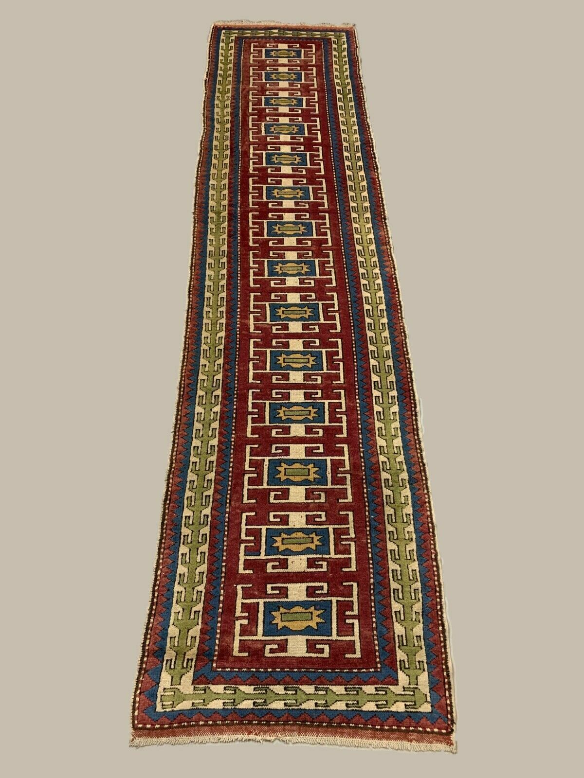 Vintage Turkish Runner 365x87 Cm Kazak Rug, Terracotta Red, Green, Beige Blue