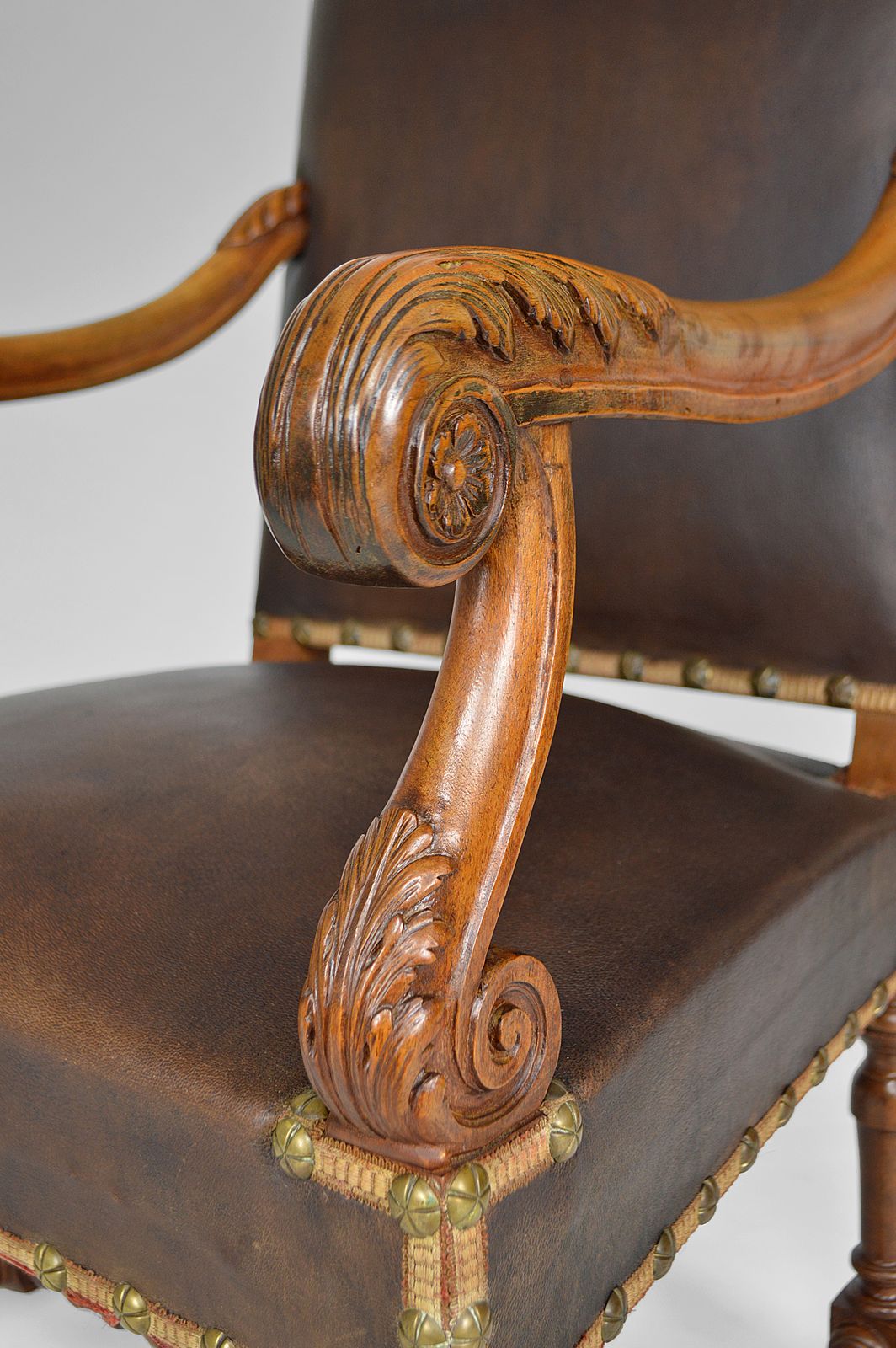 Furniture Louis XIII Style Desk Chair In Leather And Carved Walnut, 1860s photo