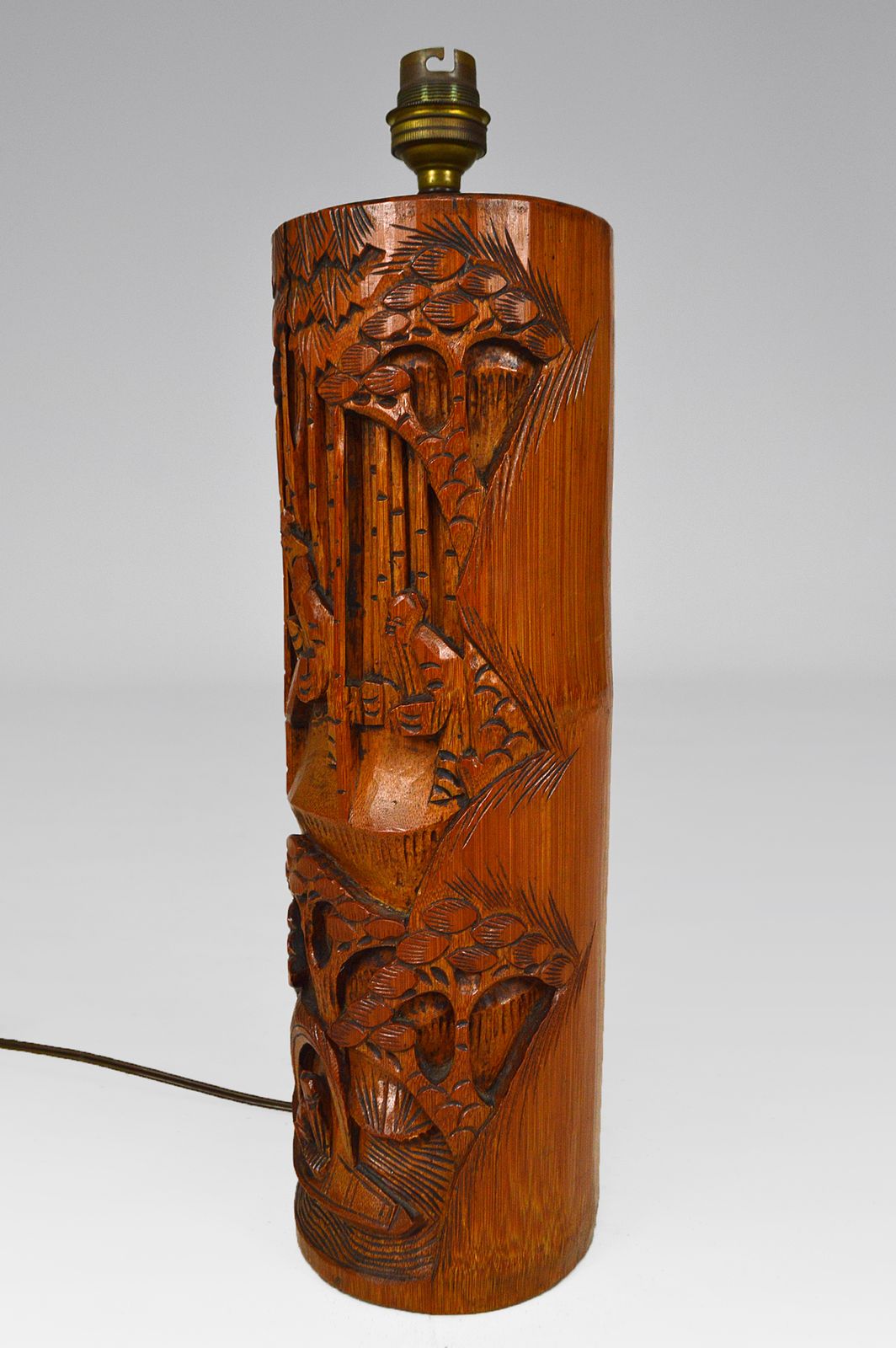 Asian Living Room Table Lamp In Carved Wood, 1940s photo Lighting