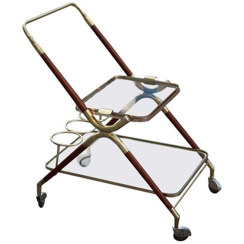 Midcentury Italian Design Bar Cart Wood And Brass Gold Glass Top Removable Tray
