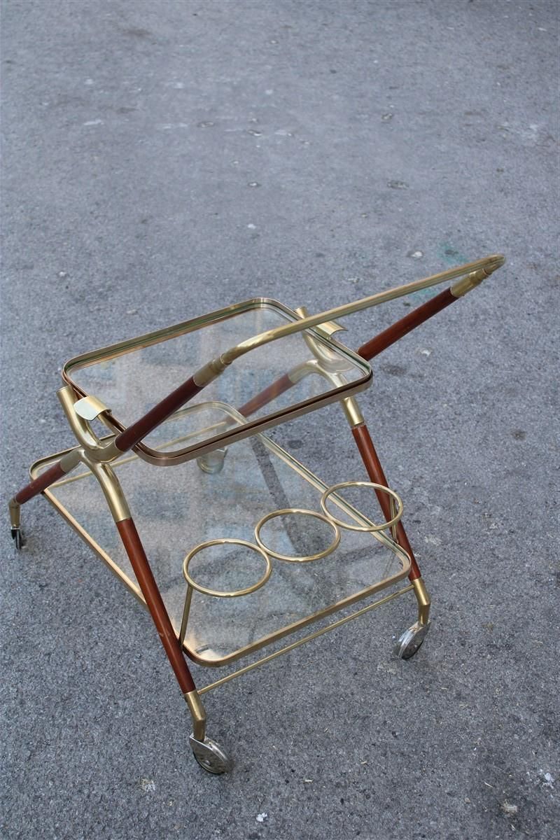 photo for sale Midcentury Italian Design Bar Cart Wood And Brass Gold Glass Top Removable Tray