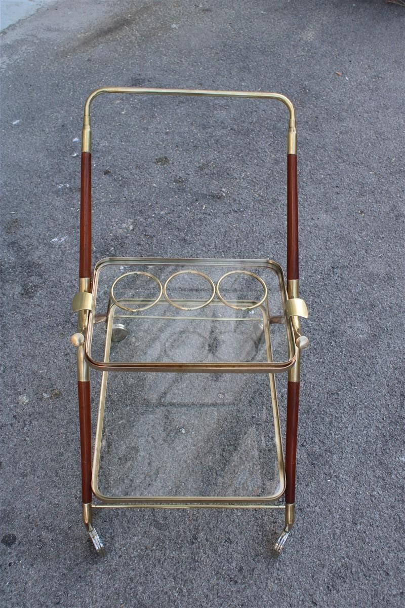 Furniture Midcentury Italian Design Bar Cart Wood And Brass Gold Glass Top Removable Tray photo