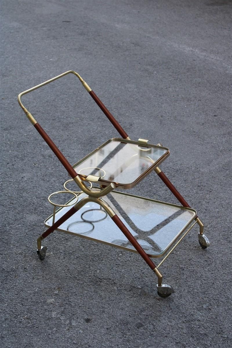 1986.0 Midcentury Italian Design Bar Cart Wood And Brass Gold Glass Top Removable Tray photo