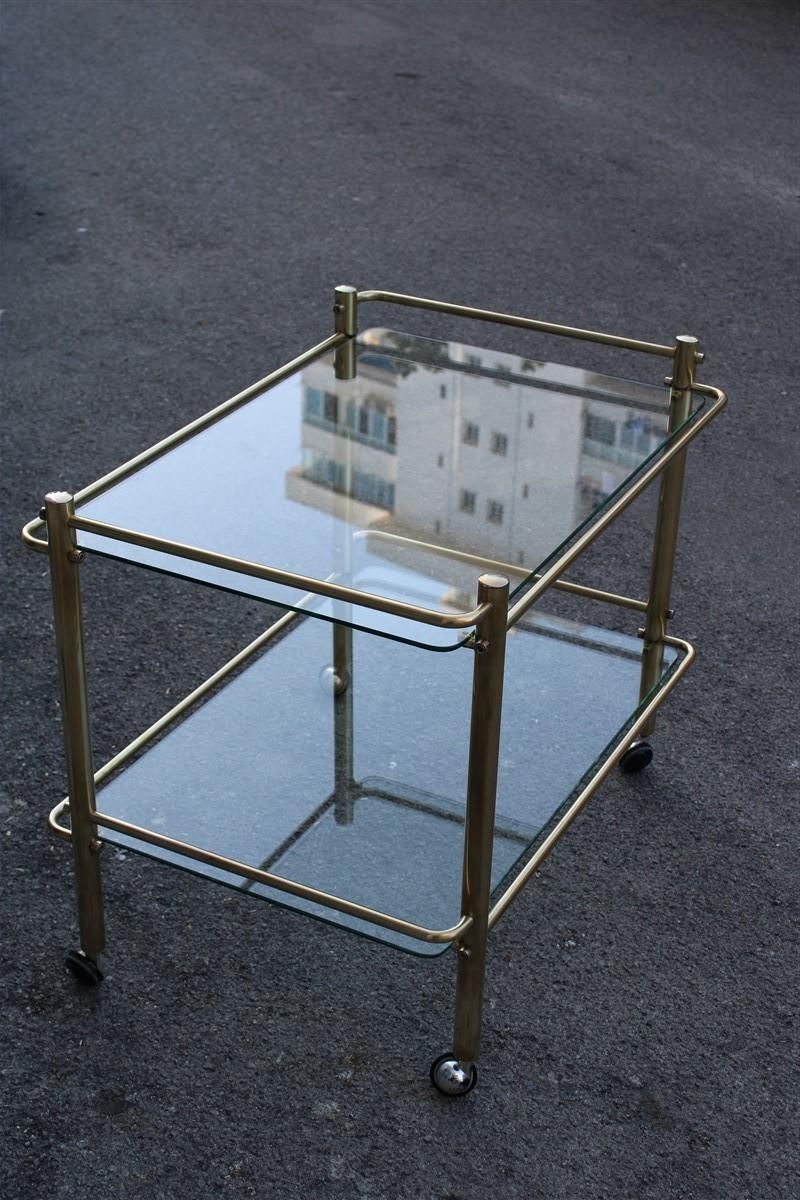 photo for sale Minimal Bar Cart Italian Design Gold Brass 1970s Glass Transparent Top