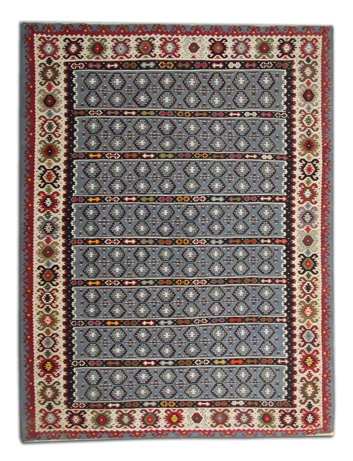 Antique Rugs Blue Carpet, Geometric Striped Serbian Kilim Rug 206 X 270 Cm