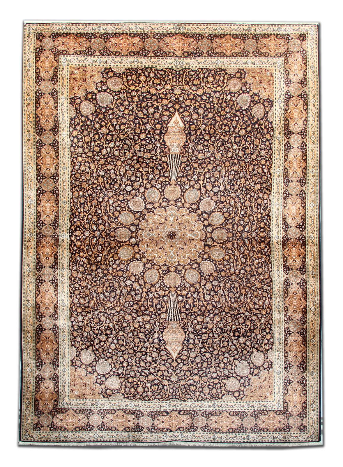Handmade Carpet Indian Pure Silk Agra Rug, Brown Floral 124x181 Cm