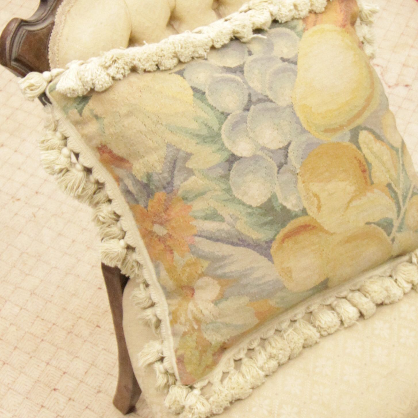 Cream Fruit French Aubusson Cushion Cover, Handwoven Needlepoint Wool Cushion