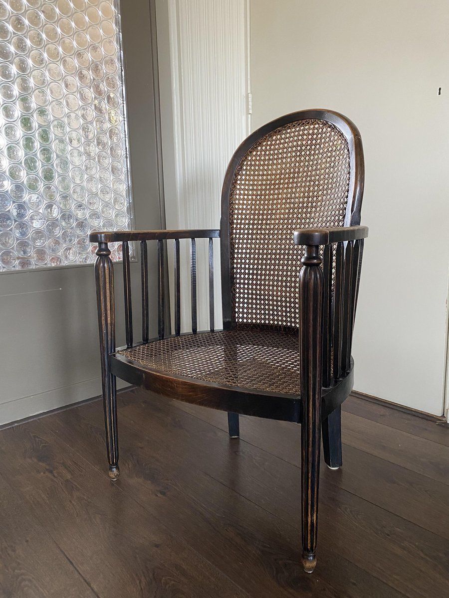 Vintage Art Deco Wood And Rattan Easy Chair, 1920s