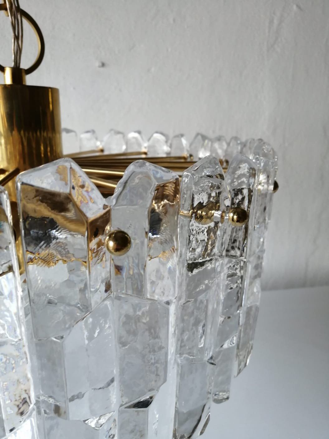 J. T. Kalmar Franken Kg Ice Glass & Brass Chandelier 1970s Austria photo vintage