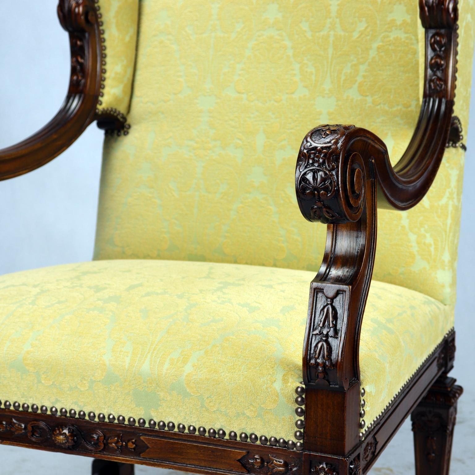 Fully Restored Hand Carved French Louis XIV Walnut Wingback Armchair, 1800s photo buy