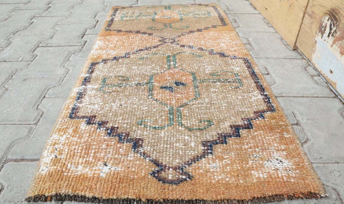 1’6” X 3’3” Ft Handmade Turkish Vintage Oushak Rugs, Door Mat Carpet, Handmade Wool Oriental Doormat, Orange Mini Rug, One Of A Kind