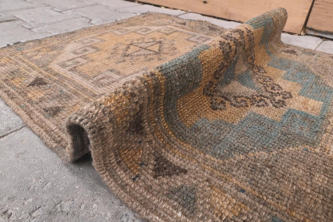 2x3 Anatolian Turkish Vintage Oushak Rugs, Door Mat Carpet, Handmade Wool Oriental Doormat, Brown Mini Rug, One Of A Kind, 1’7” X 3’1” Ft photo Textiles