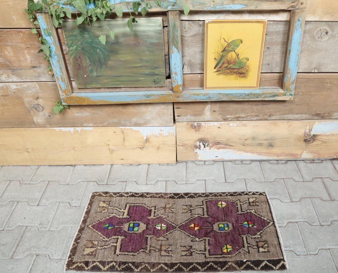 1’4” X 2’9” Ft Purple And Brown Turkish Vintage Oushak Rugs, Door Mat Carpet, Handmade Wool Oriental Doormat, Mini Rug, One Of A Kind