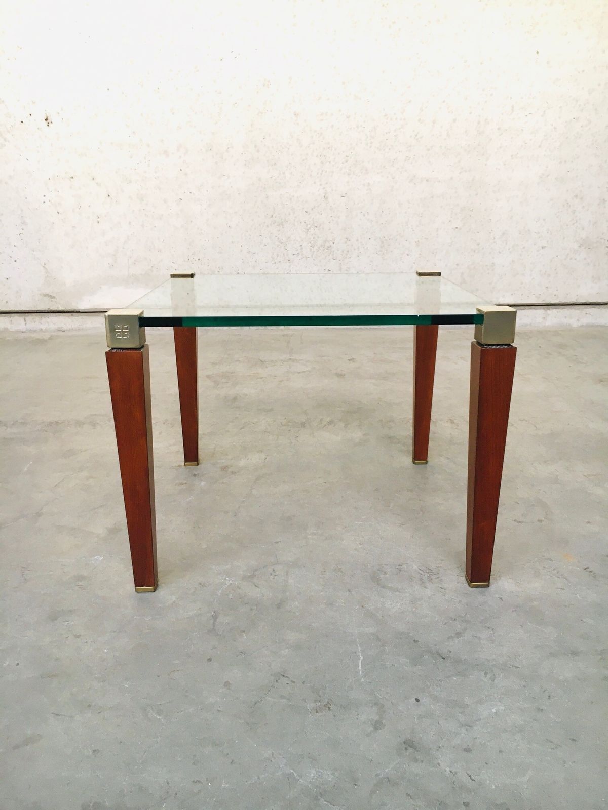 photo for sale Modernist Design Brass, Wood & Glass Side Table By Peter Ghyczy, 1980s