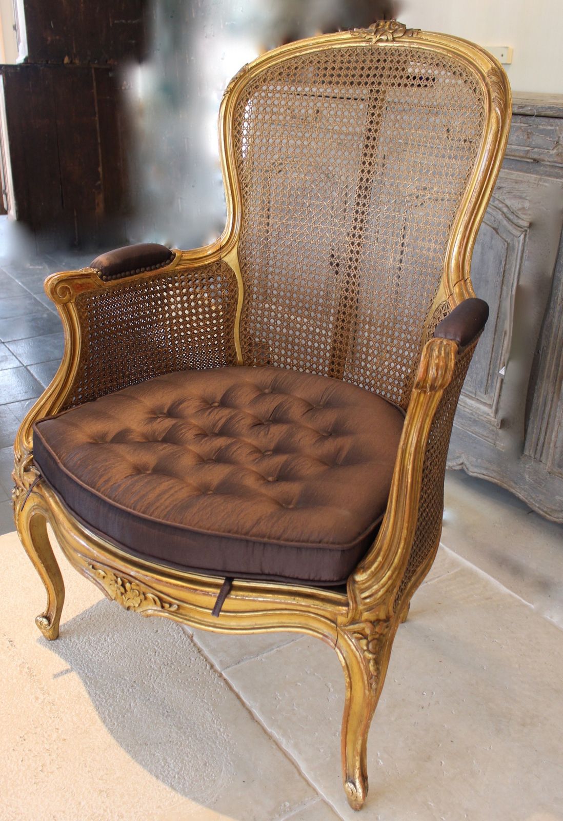 A Pair Of French Carved And Gilt Caned Armchairs, 19th Century photo for sale