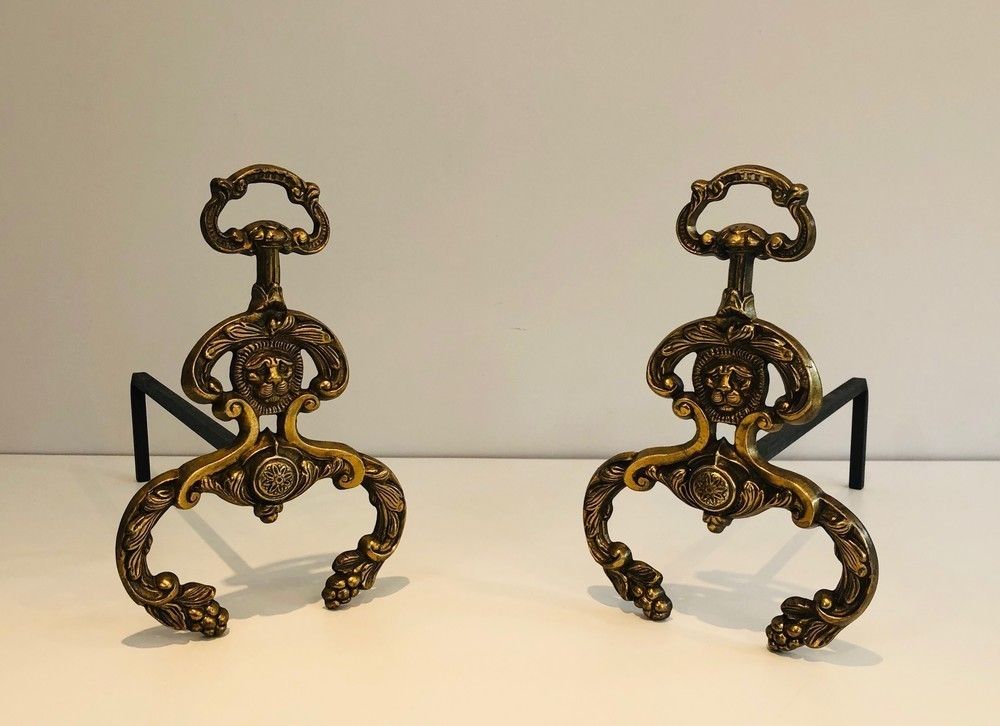 Pair Of Neoclassical Style Bronze And Wrought Iron Andirons With Lions Faces. French. Circa 1940 photo furniture