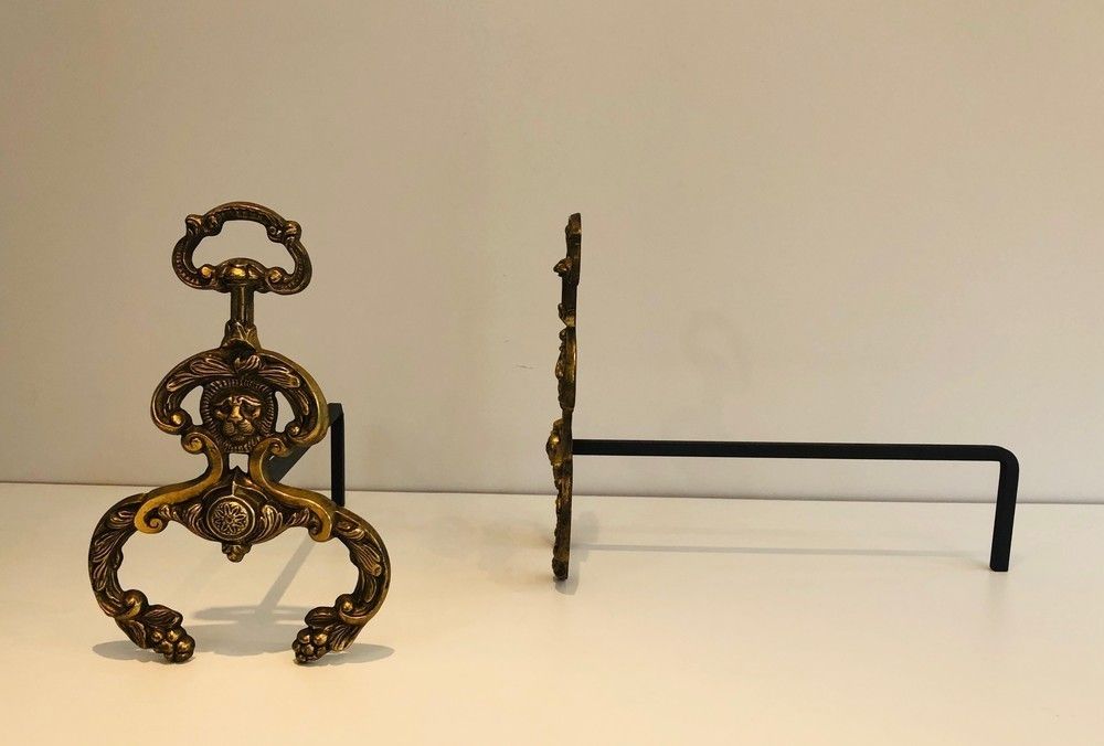 Pair Of Neoclassical Style Bronze And Wrought Iron Andirons With Lions Faces. French. Circa 1940 photo Home Fixtures