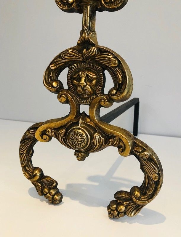 Pair Of Neoclassical Style Bronze And Wrought Iron Andirons With Lions Faces. French. Circa 1940 photo vintage
