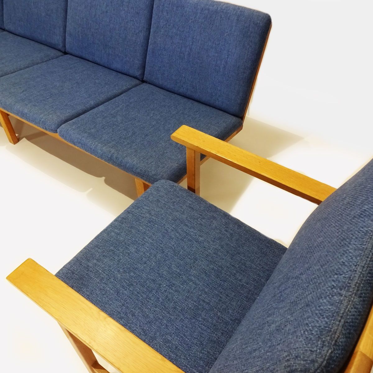 Danish Mid Century Børge Mogensen 4 Seater Oak Bench Sofa And Two Armchairs. photo furniture