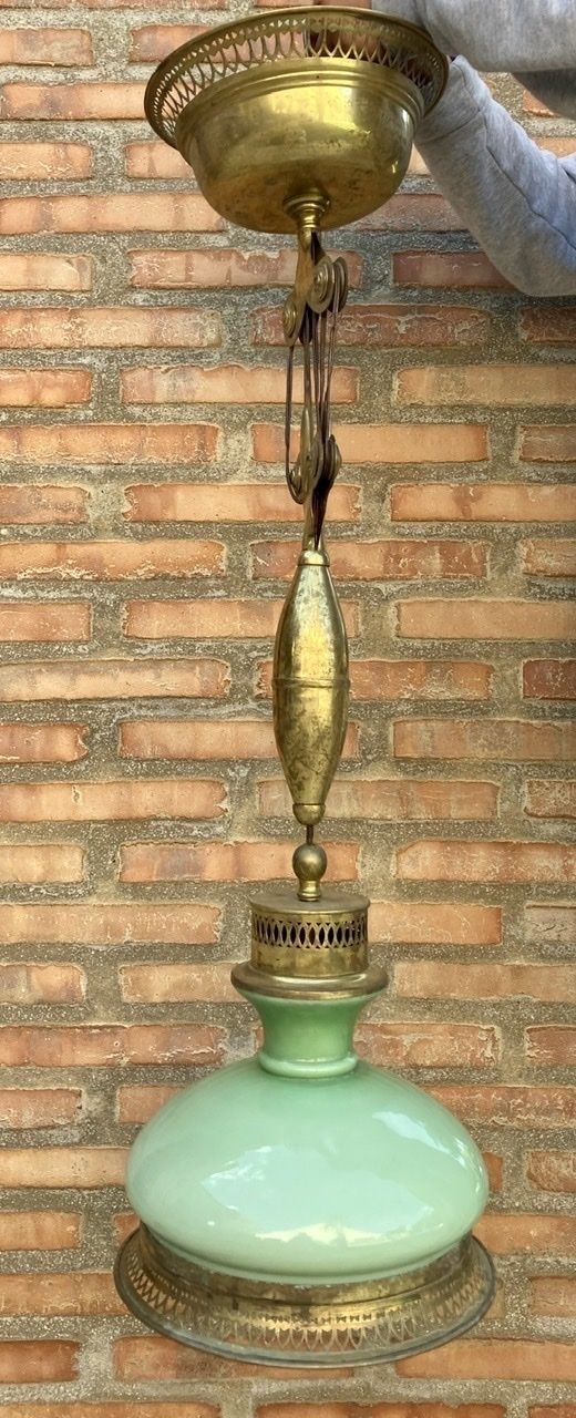 Mid Century Pulley Pendant Lamp With Opaline Green Crystal And Brass photo Lighting